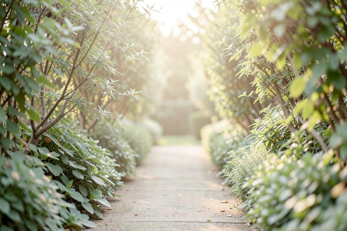 Sendero de jardín con vegetación suave y luz cálida de la mañana